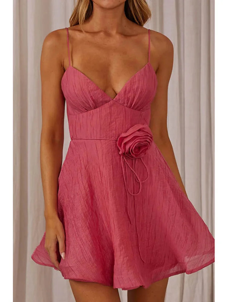 3D Floral V-Neck Mini Dress