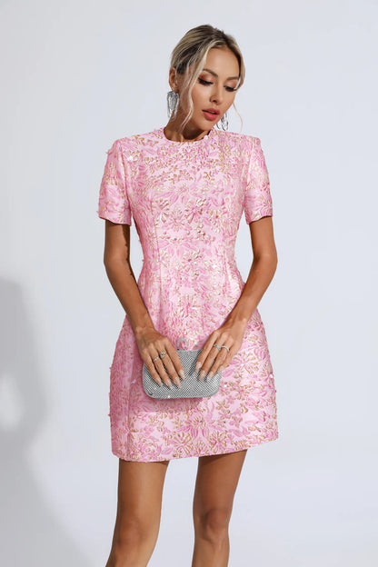 Astrid Frozen Berry Jacquard Floral Mini Dress