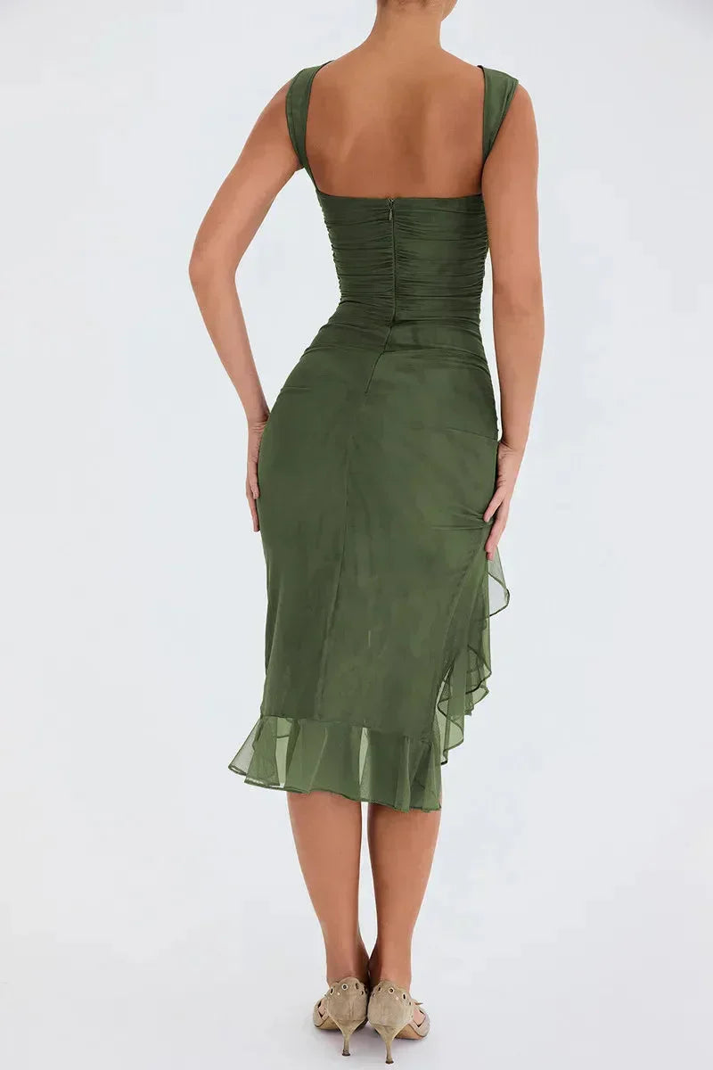 Asymmetric Ruched Mesh Ruffle Hem Side Slit Midi Dress