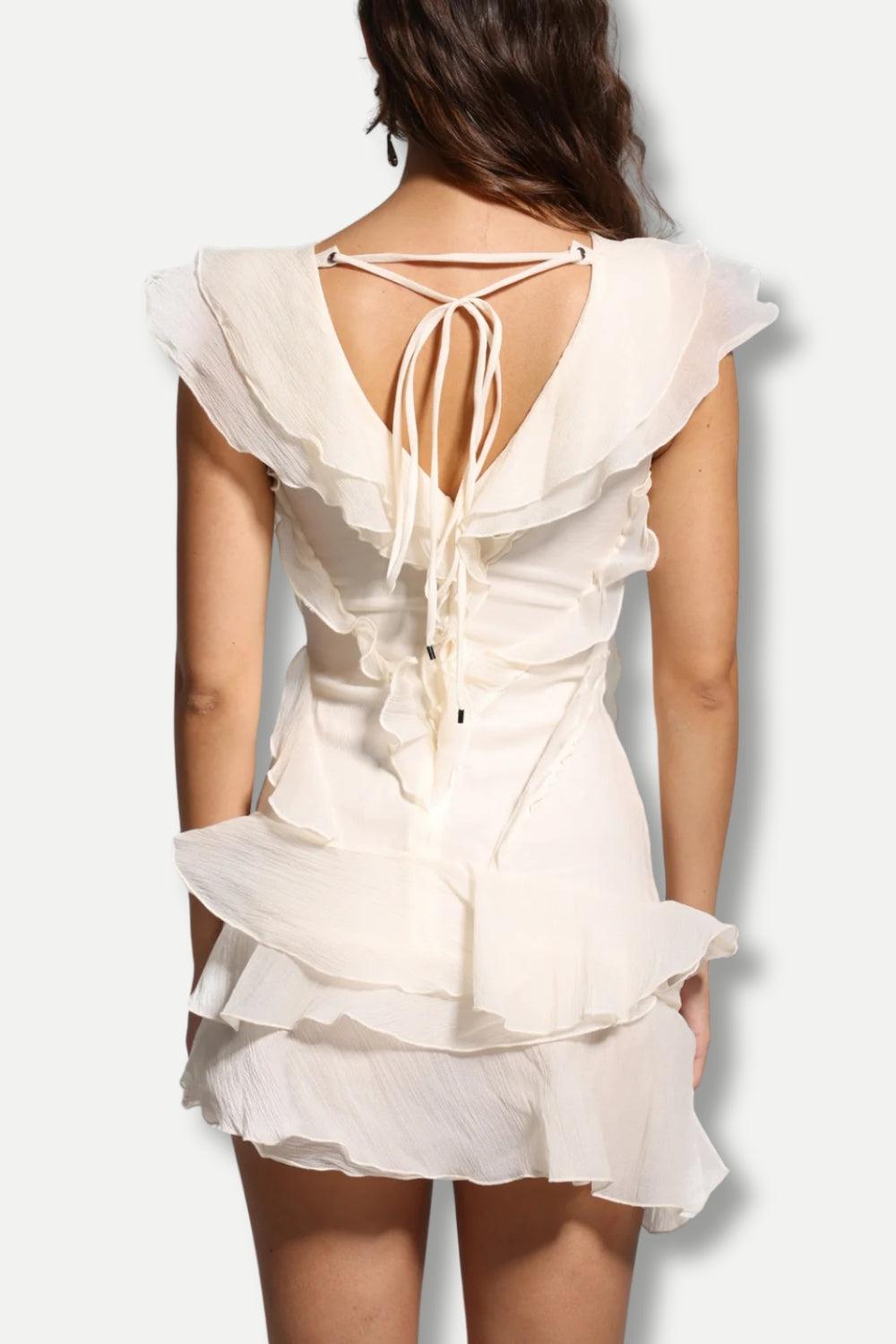 Asymmetric Tiered Ruffle Deep V Sleeveless Mini Dress