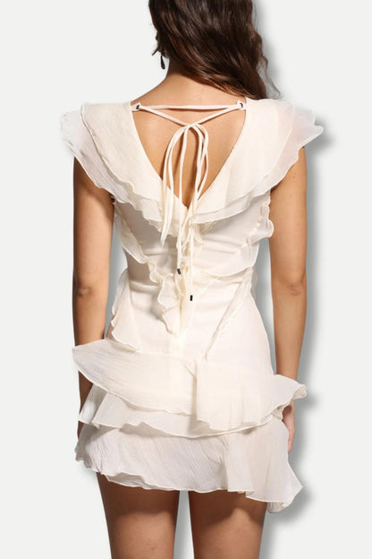 Asymmetric Tiered Ruffle Deep V Sleeveless Mini Dress
