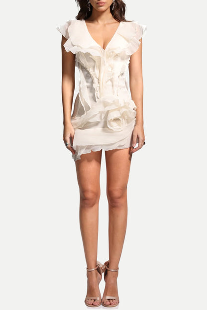 Asymmetric Tiered Ruffle Deep V Sleeveless Mini Dress
