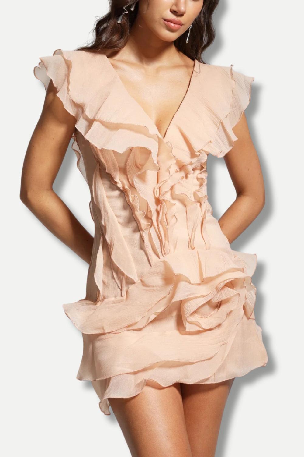 Asymmetric Tiered Ruffle Deep V Sleeveless Mini Dress