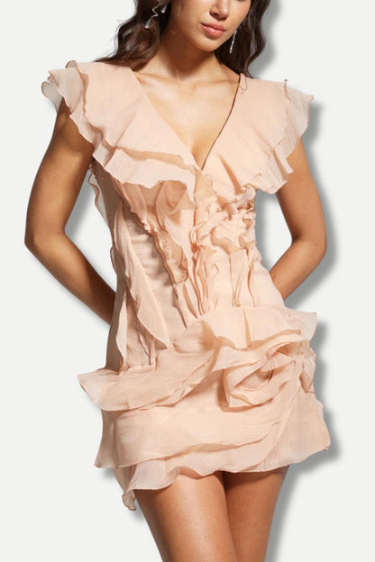 Asymmetric Tiered Ruffle Deep V Sleeveless Mini Dress