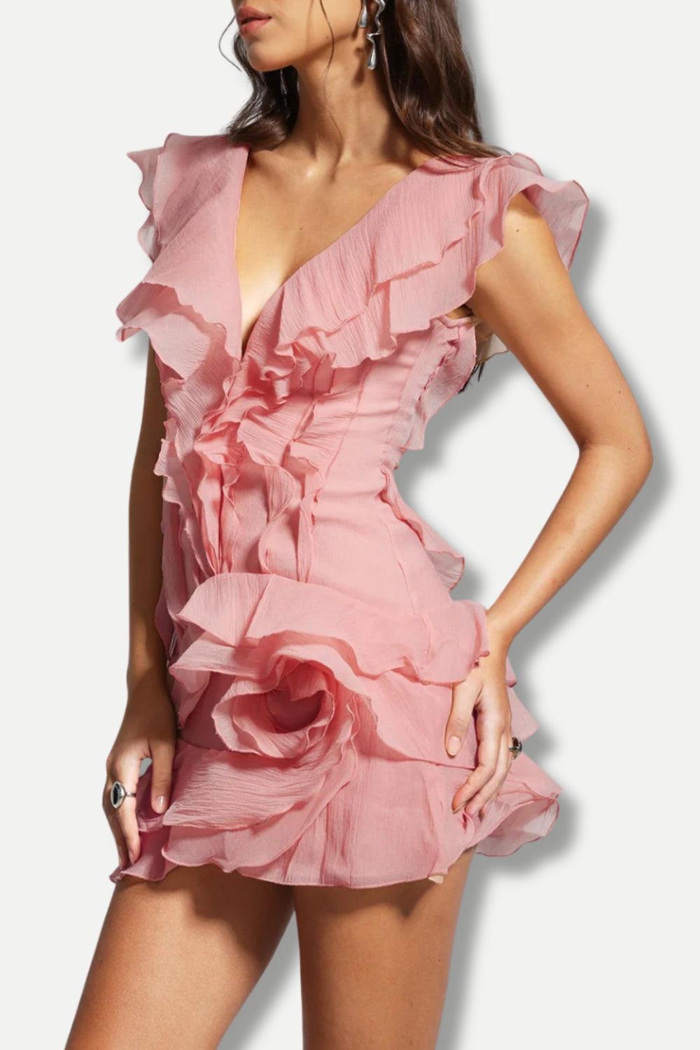 Asymmetric Tiered Ruffle Deep V Sleeveless Mini Dress