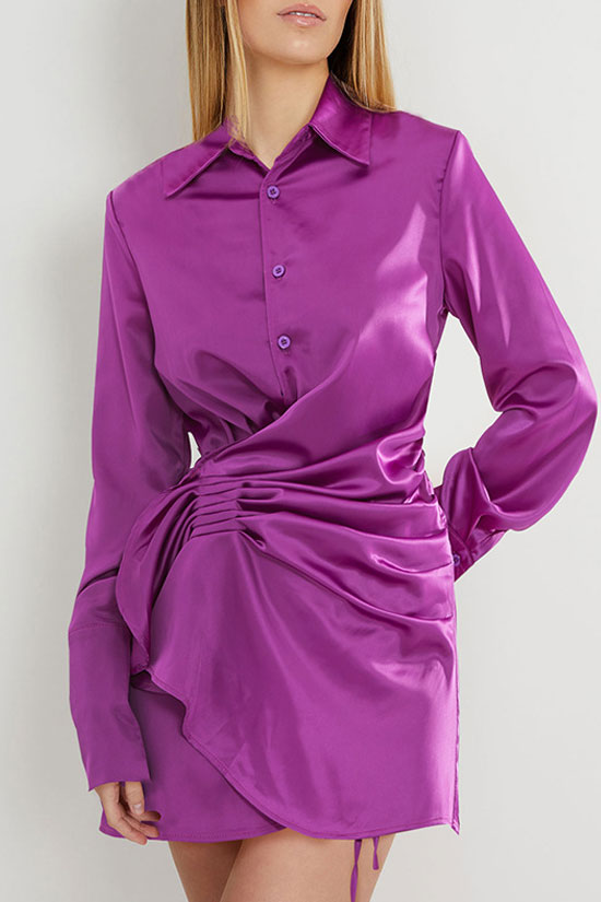 Satin Shirt Collar Button Front Ruched Wrap Tulip Hem Mini Dress
