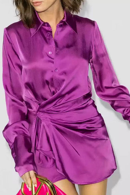 Satin Shirt Collar Button Front Ruched Wrap Tulip Hem Mini Dress