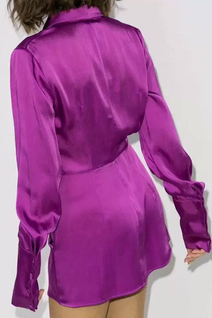 Satin Shirt Collar Button Front Ruched Wrap Tulip Hem Mini Dress