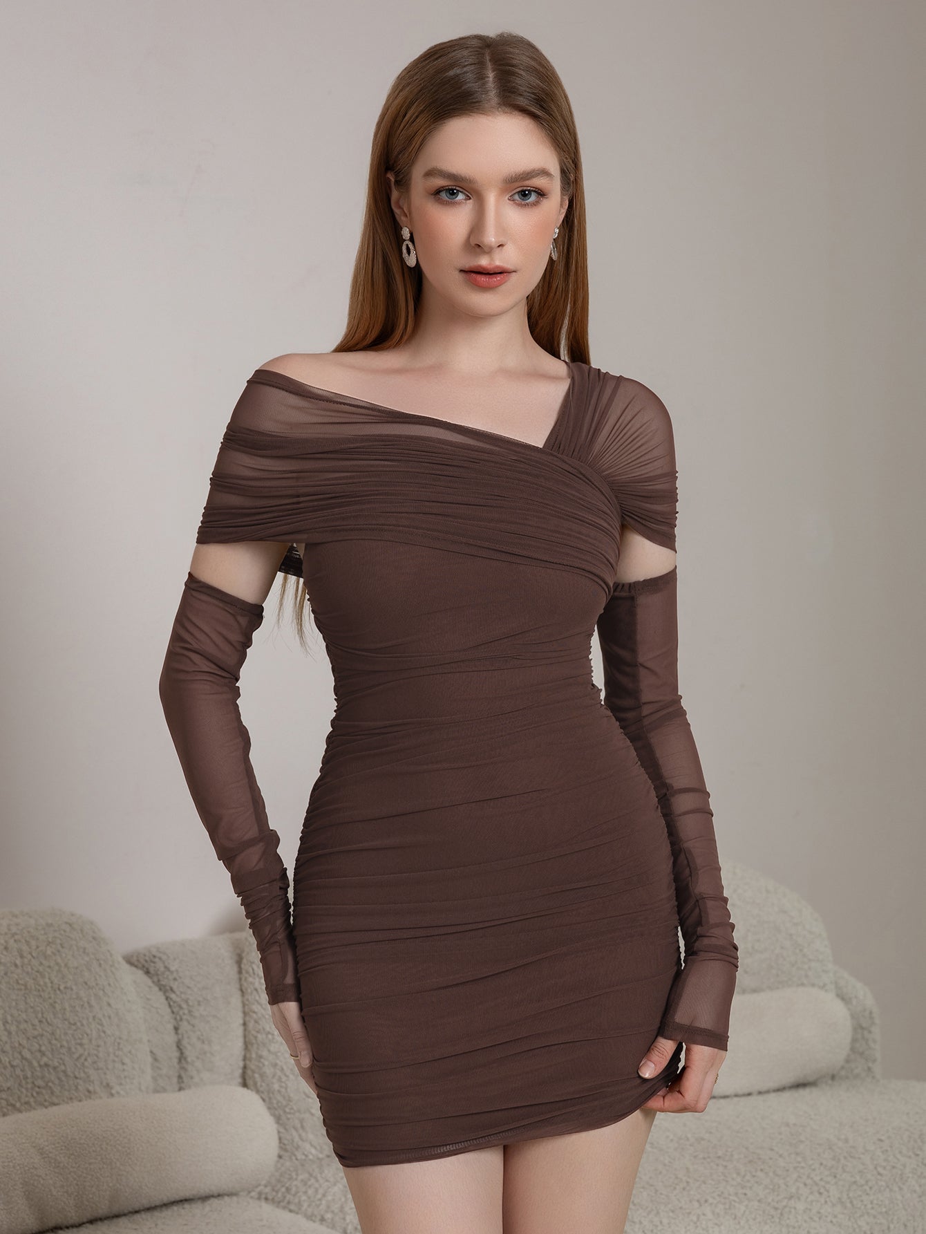 Asymmetrical Shoulder Ruched Mesh Bodycon Dress