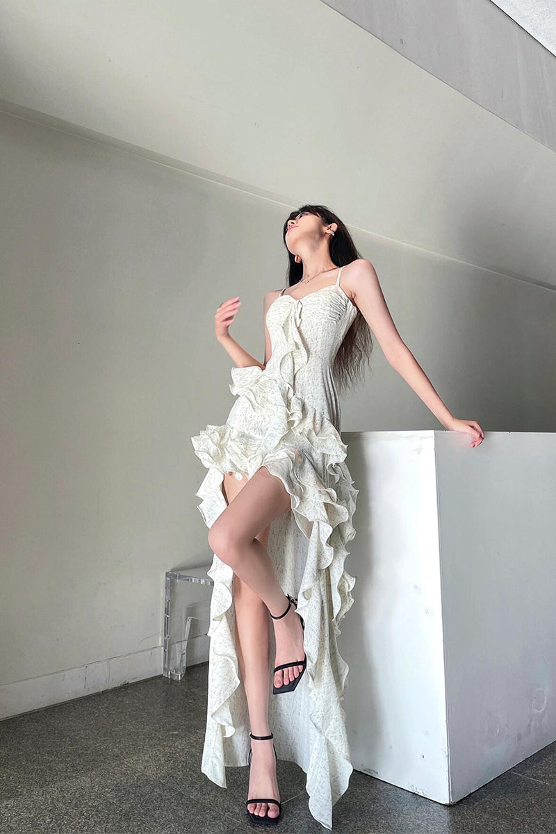 Asymmetrical Ruffle Maxi Dress Elegant Beach Goddess Look