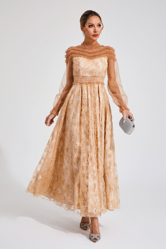 Attlee Orange Lace Sequins Maxi Dress