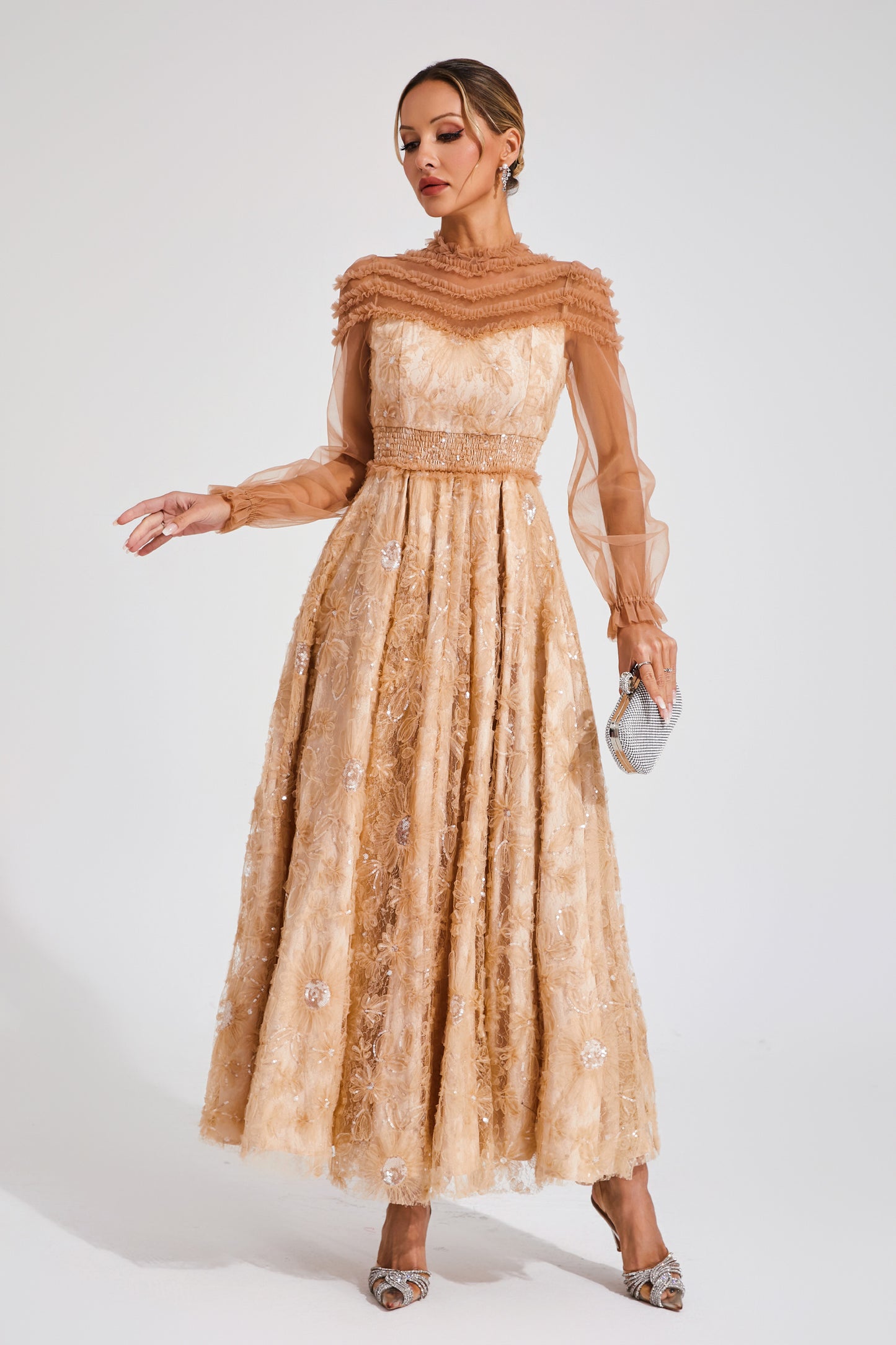 Attlee Orange Lace Sequins Maxi Dress