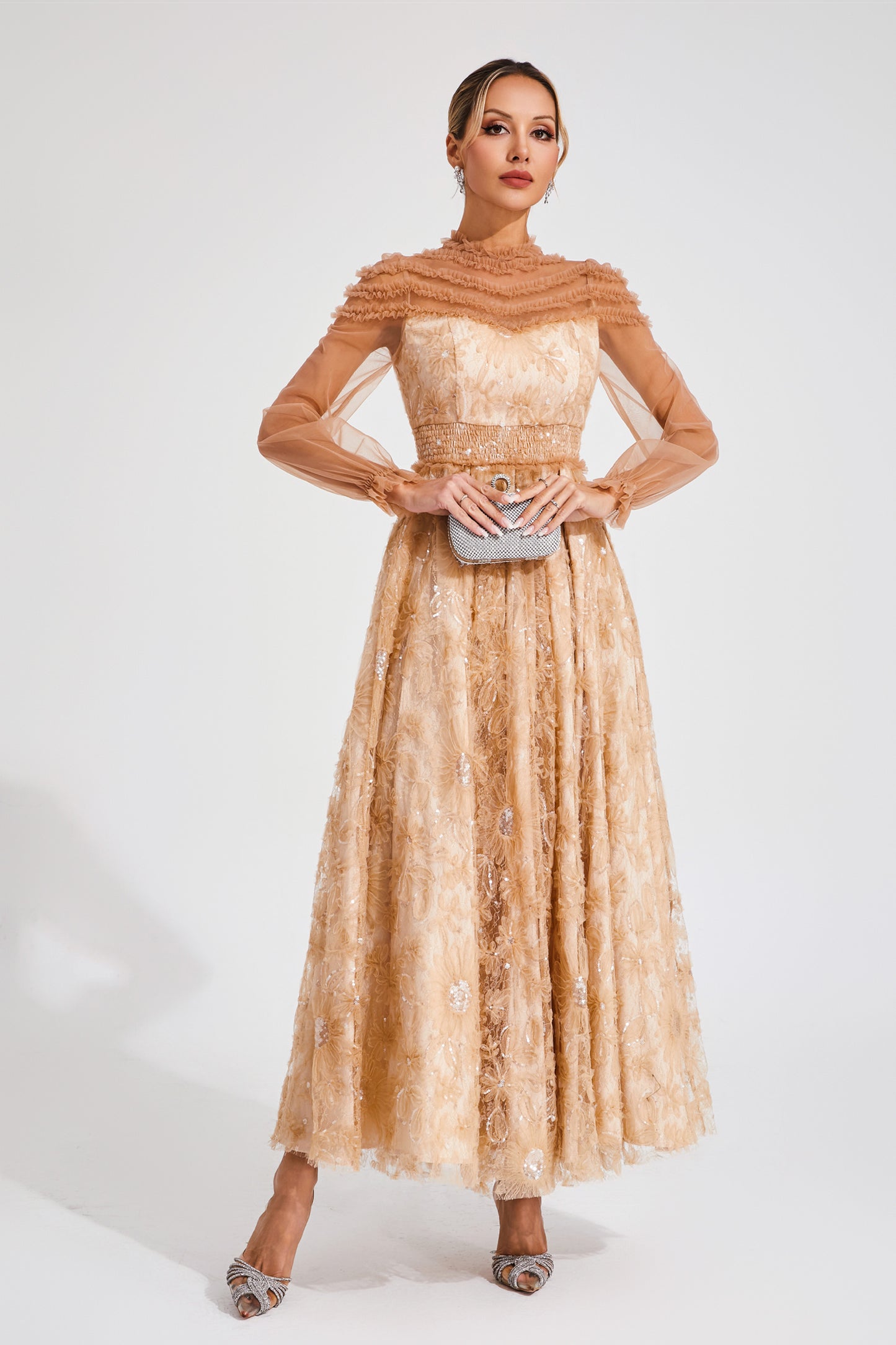 Attlee Orange Lace Sequins Maxi Dress