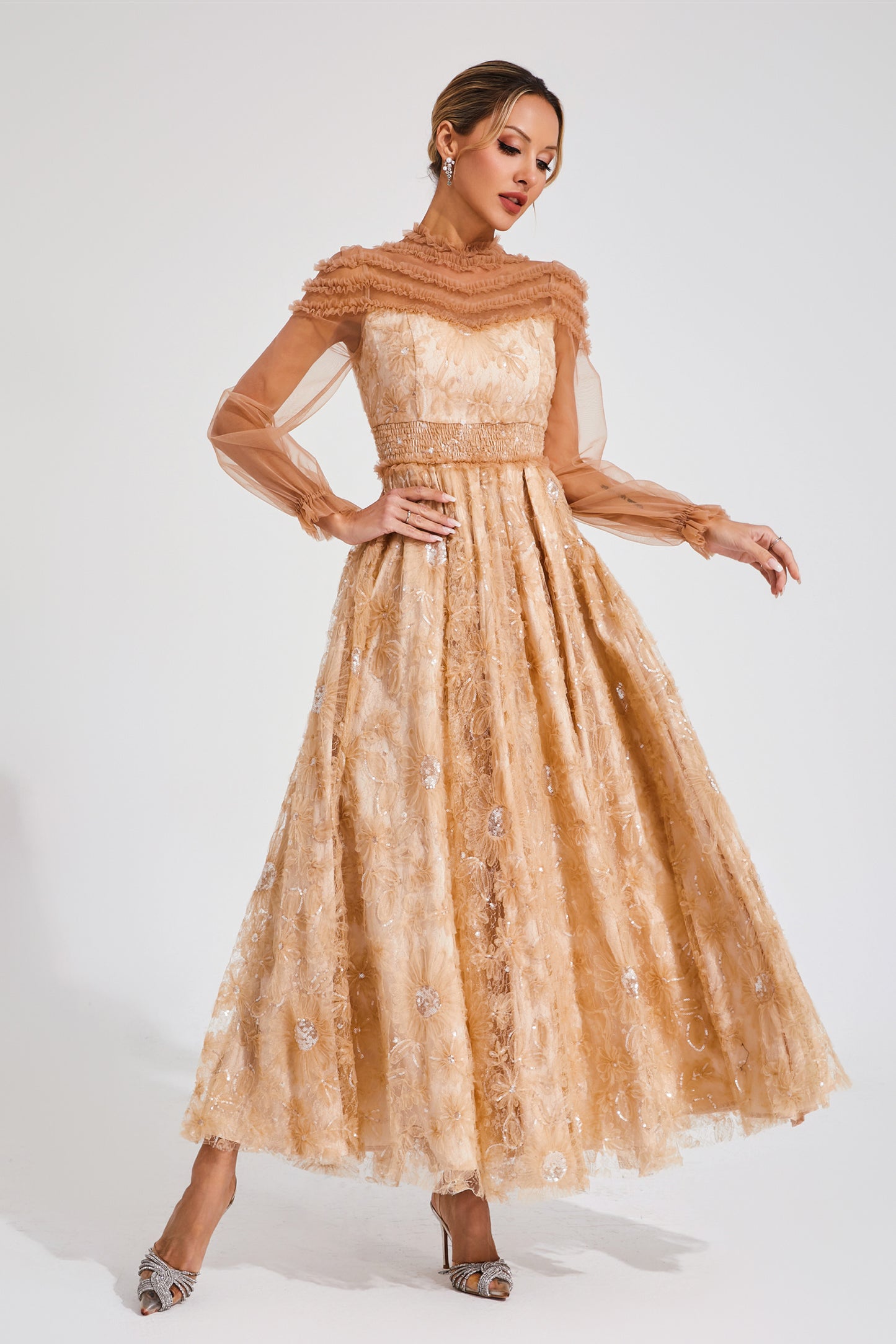 Attlee Orange Lace Sequins Maxi Dress