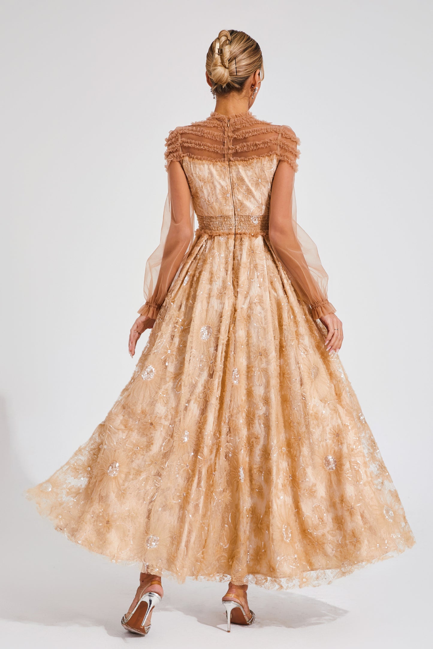 Attlee Orange Lace Sequins Maxi Dress