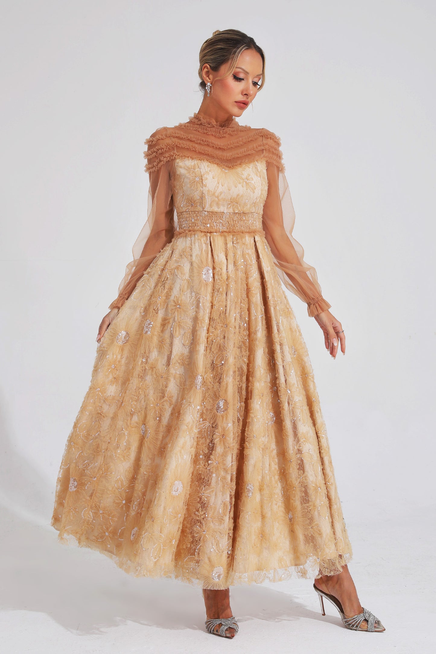 Attlee Orange Lace Sequins Maxi Dress