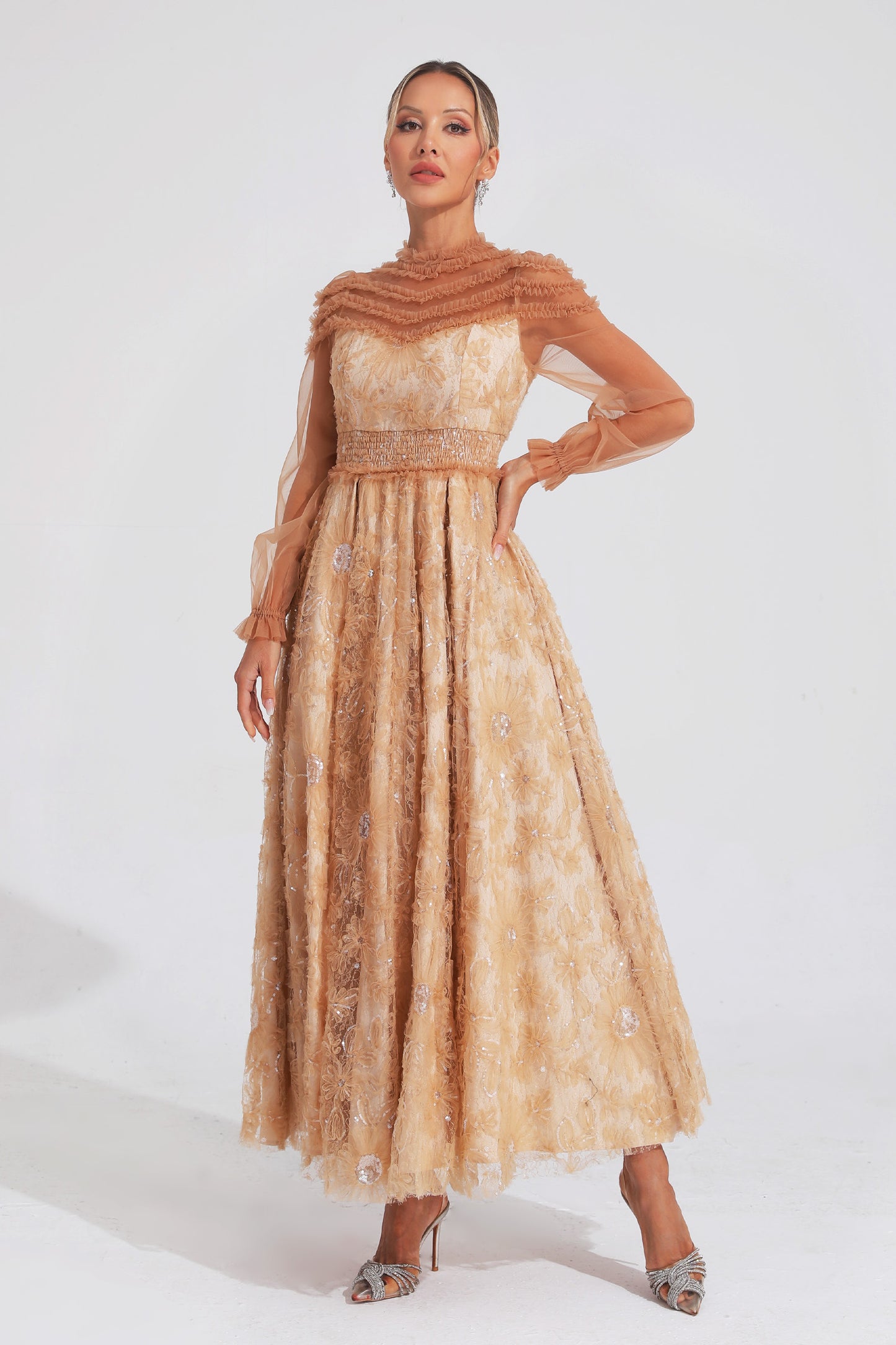 Attlee Orange Lace Sequins Maxi Dress