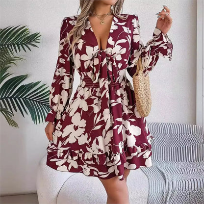 Autumn Flared Sleeve Floral Dress