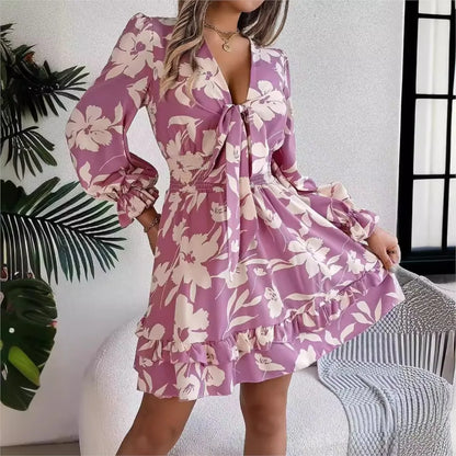 Autumn Flared Sleeve Floral Dress