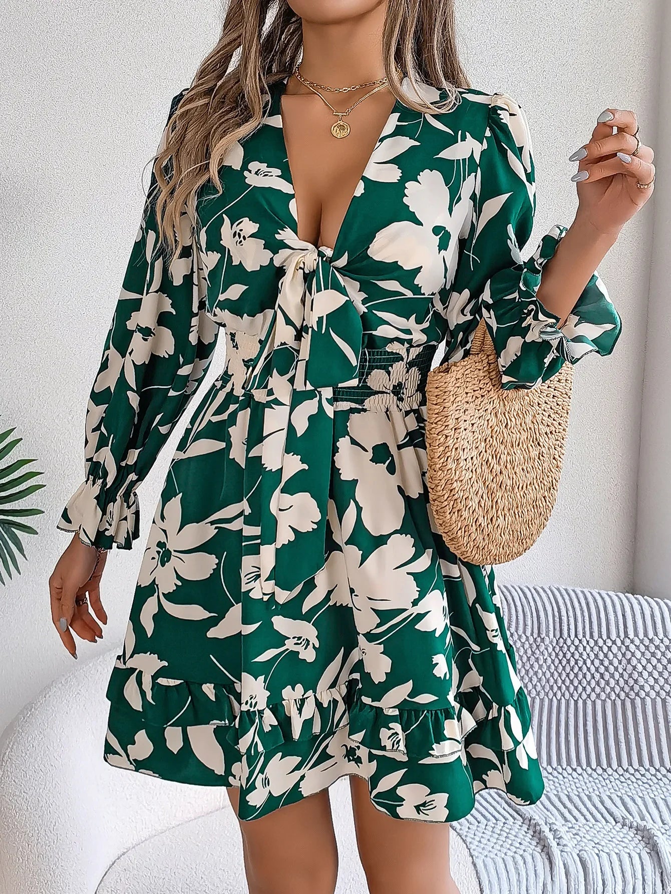Autumn Flared Sleeve Floral Dress