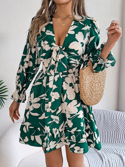 Autumn Flared Sleeve Floral Dress