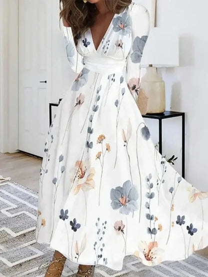 Autumn V-neck Flower Print Maxi Floral Dress