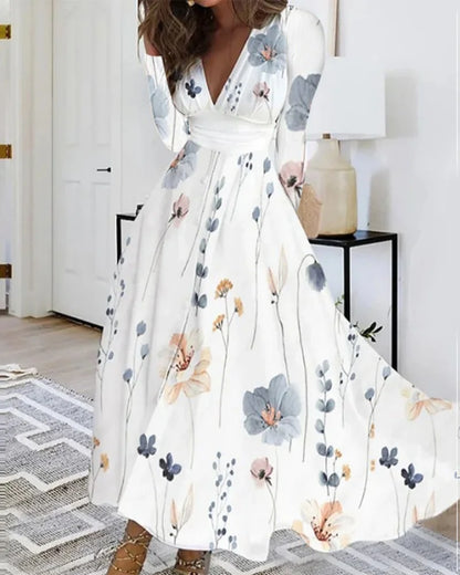 Autumn V-neck Flower Print Maxi Floral Dress