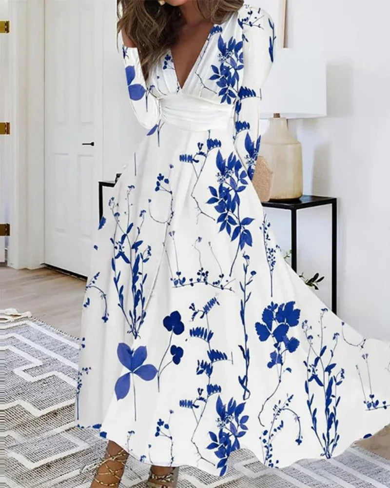 Autumn V-neck Flower Print Maxi Floral Dress