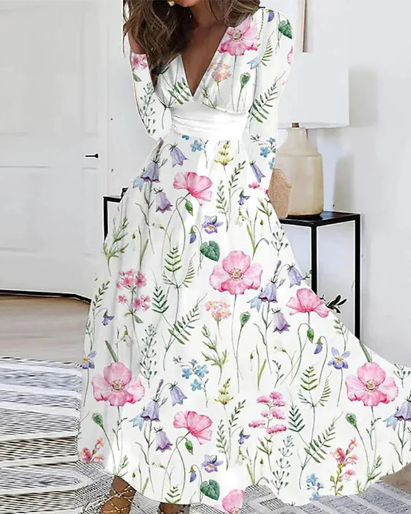 Autumn V-neck Flower Print Maxi Floral Dress