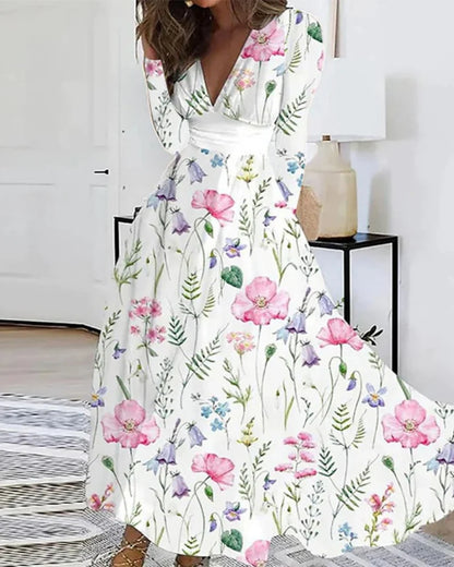 Autumn V-neck Flower Print Maxi Floral Dress