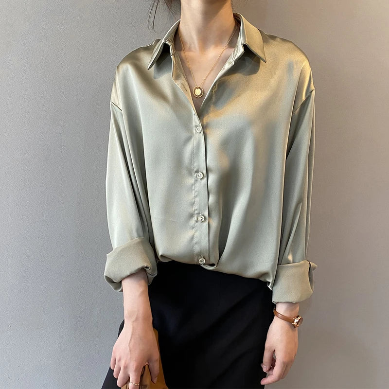 Autumn Button Up Satin Vintage White Blouse