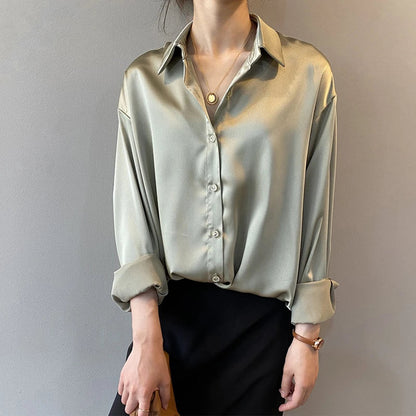 Autumn Button Up Satin Vintage White Blouse
