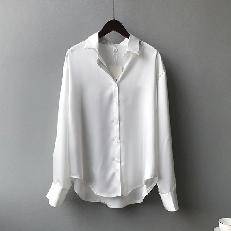 Autumn Button Up Satin Vintage White Blouse