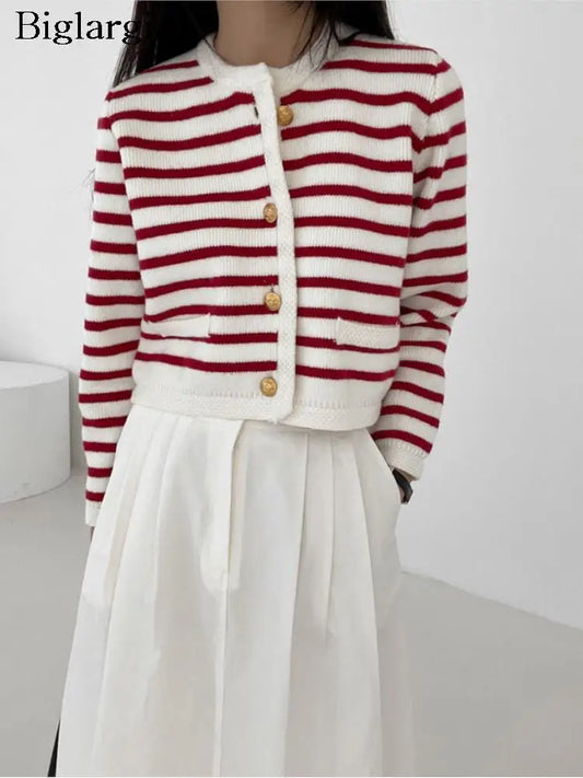Striped Print Cropped Loose Knit Knit Cardigan