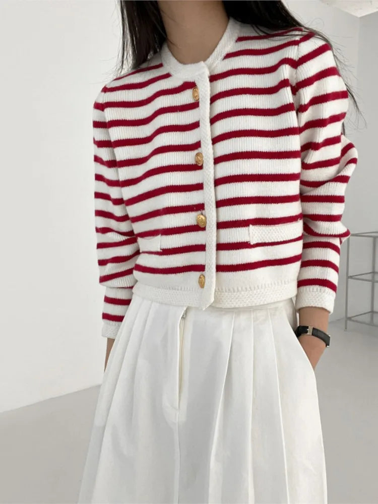 Striped Print Cropped Loose Knit Knit Cardigan