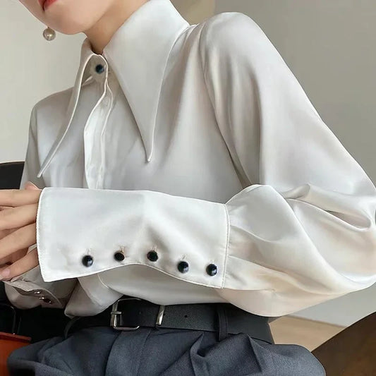 Vintage Satin Silk Turn Down Collar Blouse