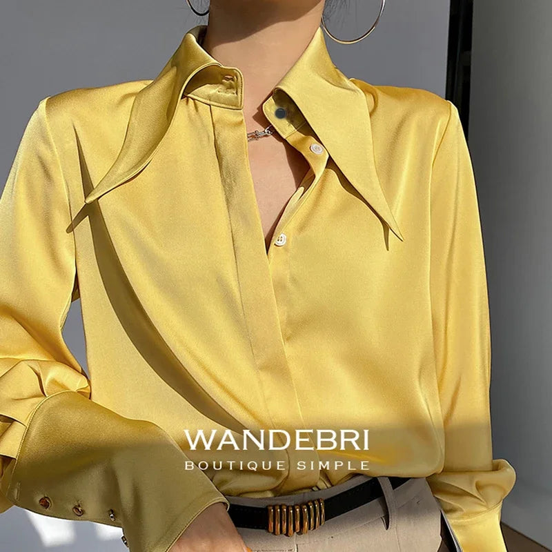 Vintage Satin Silk Turn Down Collar Blouse