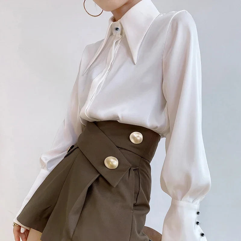 Vintage Satin Silk Turn Down Collar Blouse