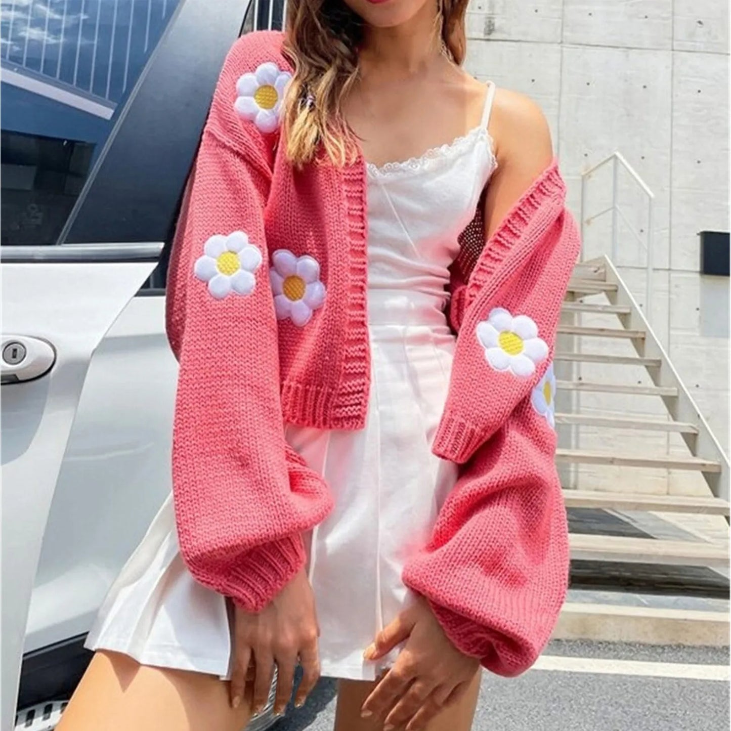 Big Flower Embroidery Warm Long Sleeve Open Stitch Cardigan