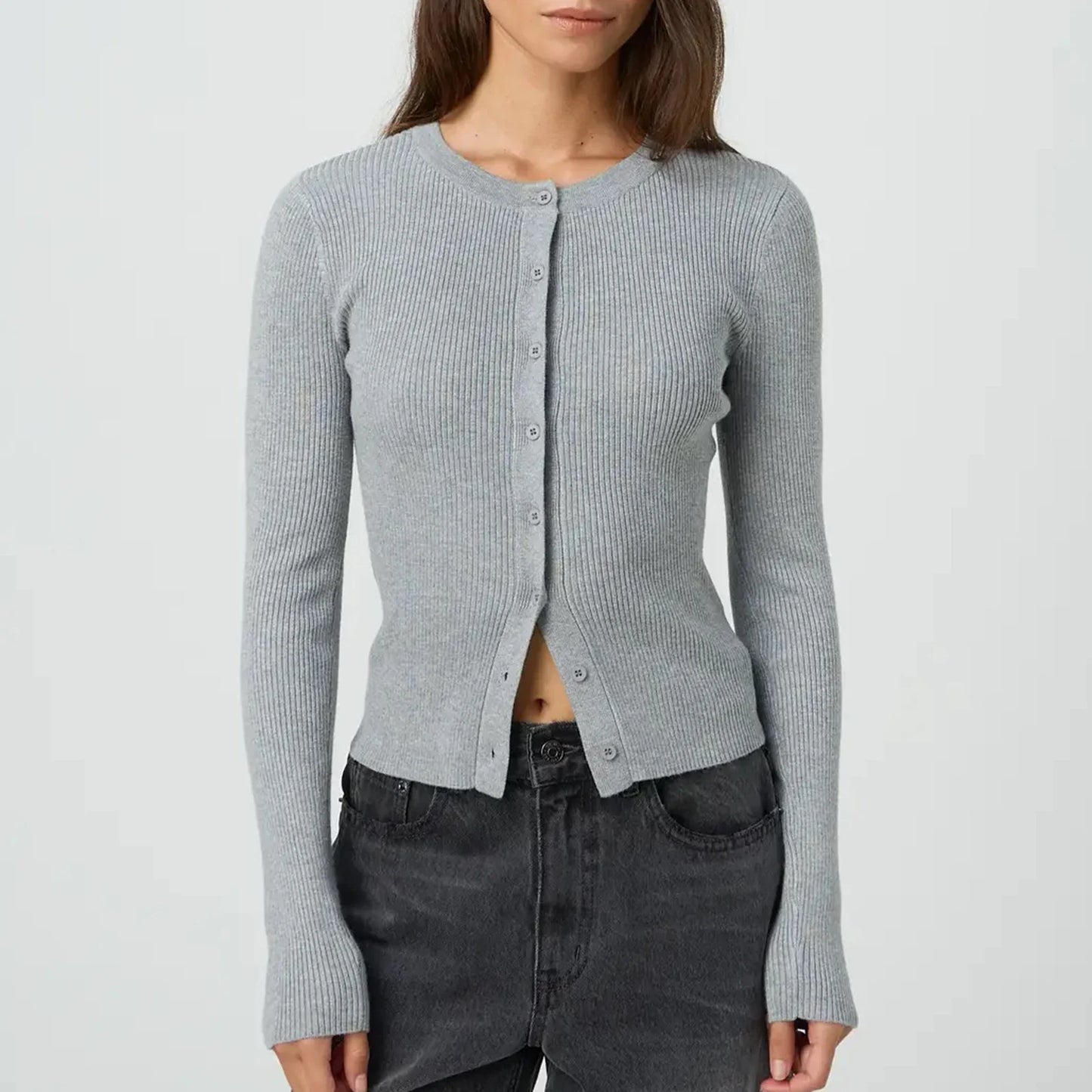 Solid Ribbed Button Up Slim Knit Cardigan