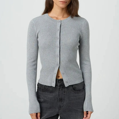 Solid Ribbed Button Up Slim Knit Cardigan