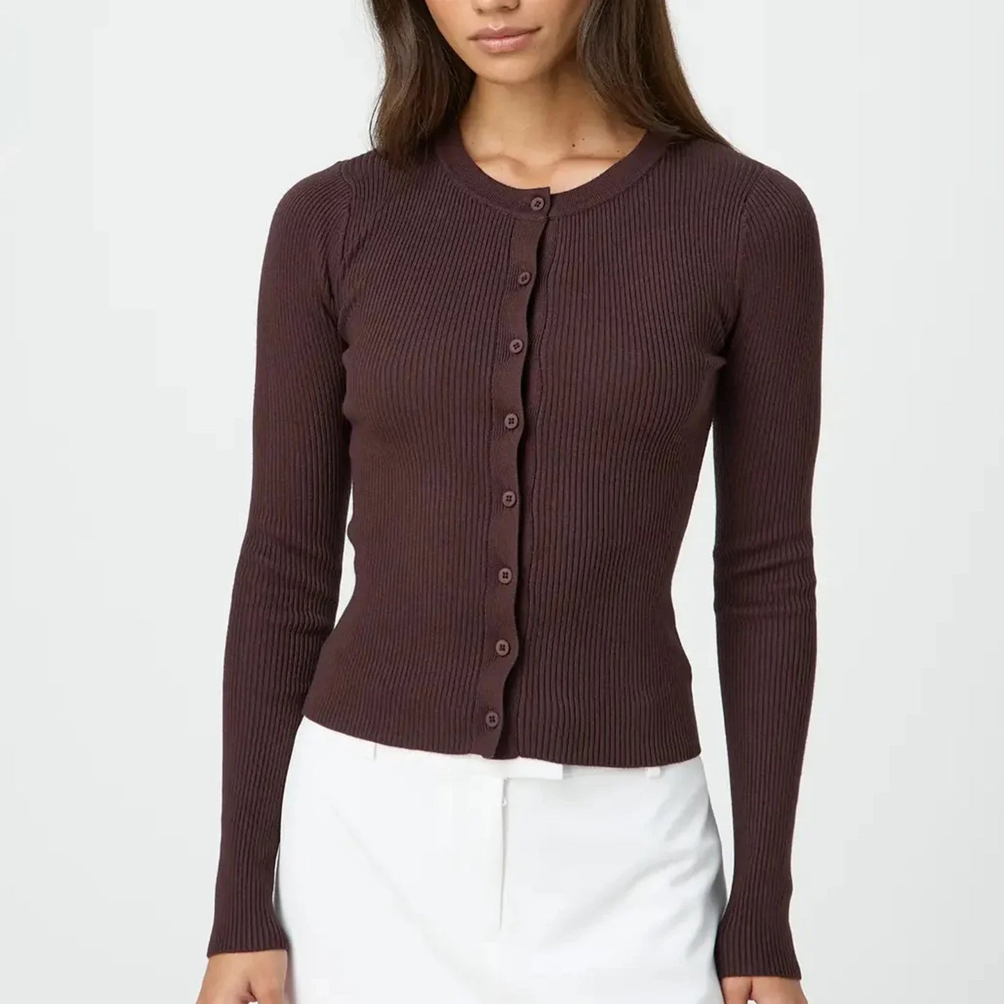 Solid Ribbed Button Up Slim Knit Cardigan