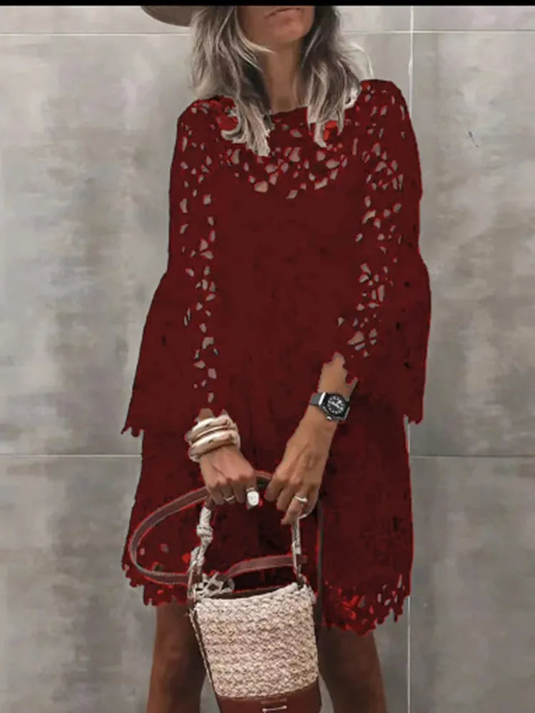 Autumn Solid Color Lace Hollow Floral Casual Floral Dress