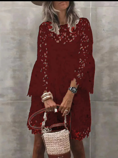 Autumn Solid Color Lace Hollow Floral Casual Floral Dress