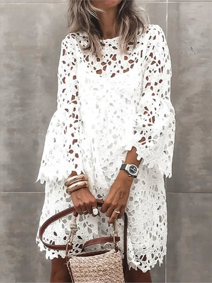 Autumn Solid Color Lace Hollow Floral Casual Floral Dress