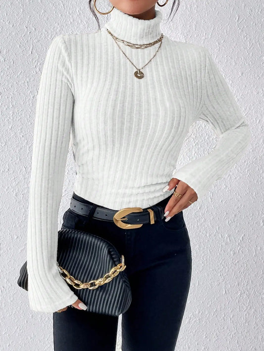 Explosive Solid Color High-Neck Slim Long Sleeve Top Women