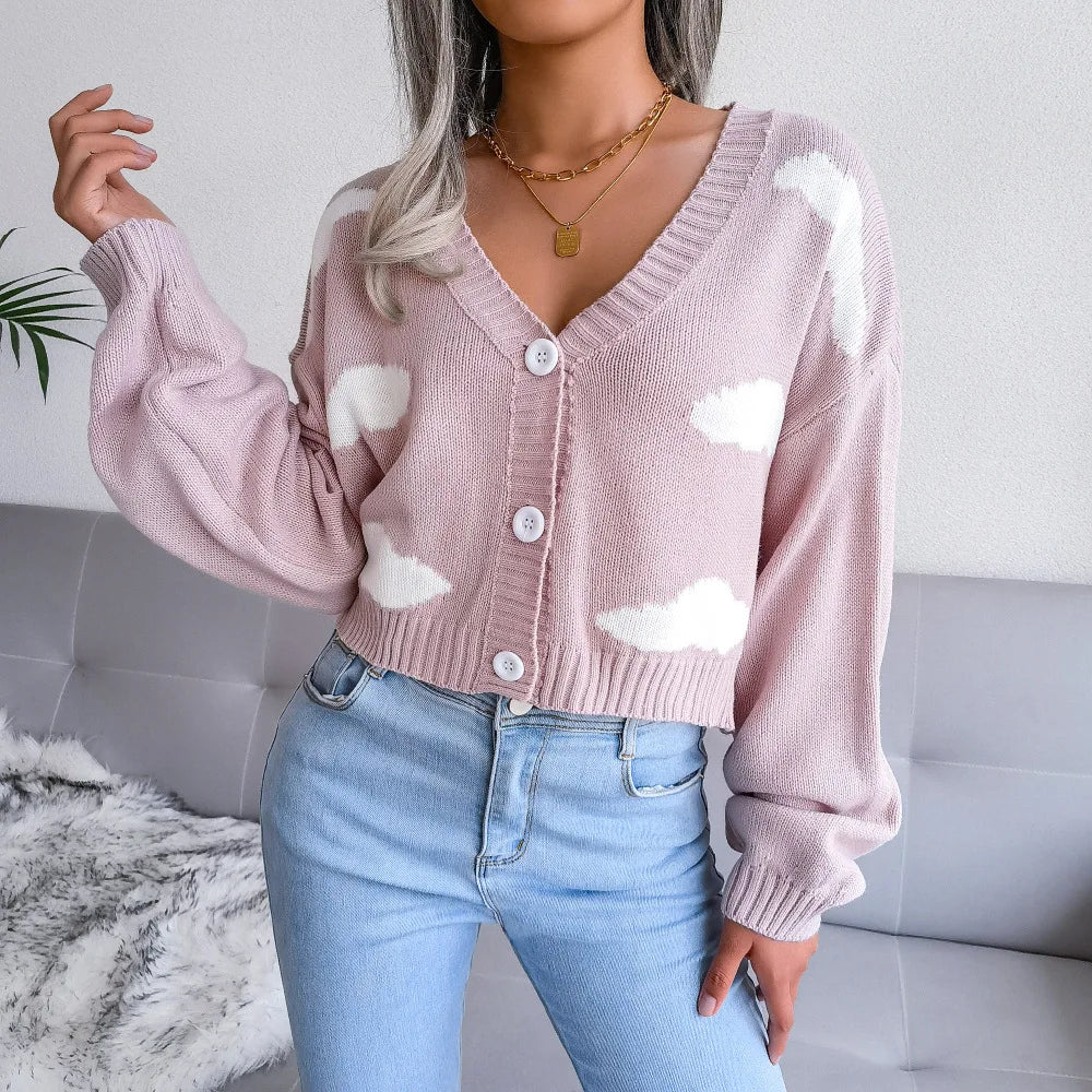 Contrasting Colors V-Neck Knitted Knit Cardigan