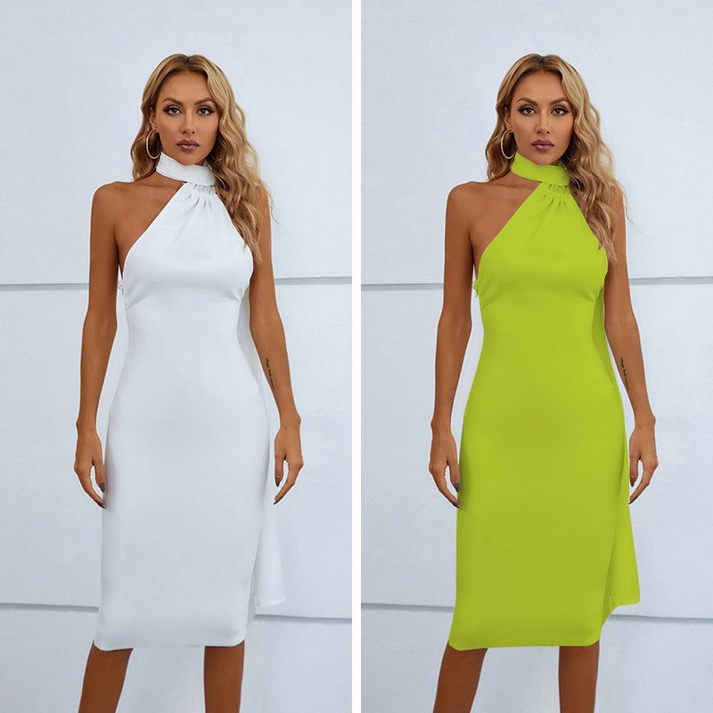 Halter Neck Draped Scarf Tie Backless High Slit Bodycon Midi Dress