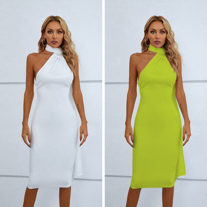Halter Neck Draped Scarf Tie Backless High Slit Bodycon Midi Dress