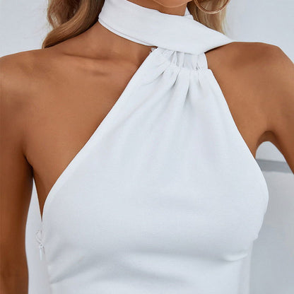 Halter Neck Draped Scarf Tie Backless High Slit Bodycon Midi Dress